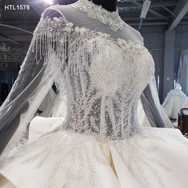 Obeauty™  Long Sleeve  Beaded Wedding Dresses Heavy Crystal Satin Wedding Gown